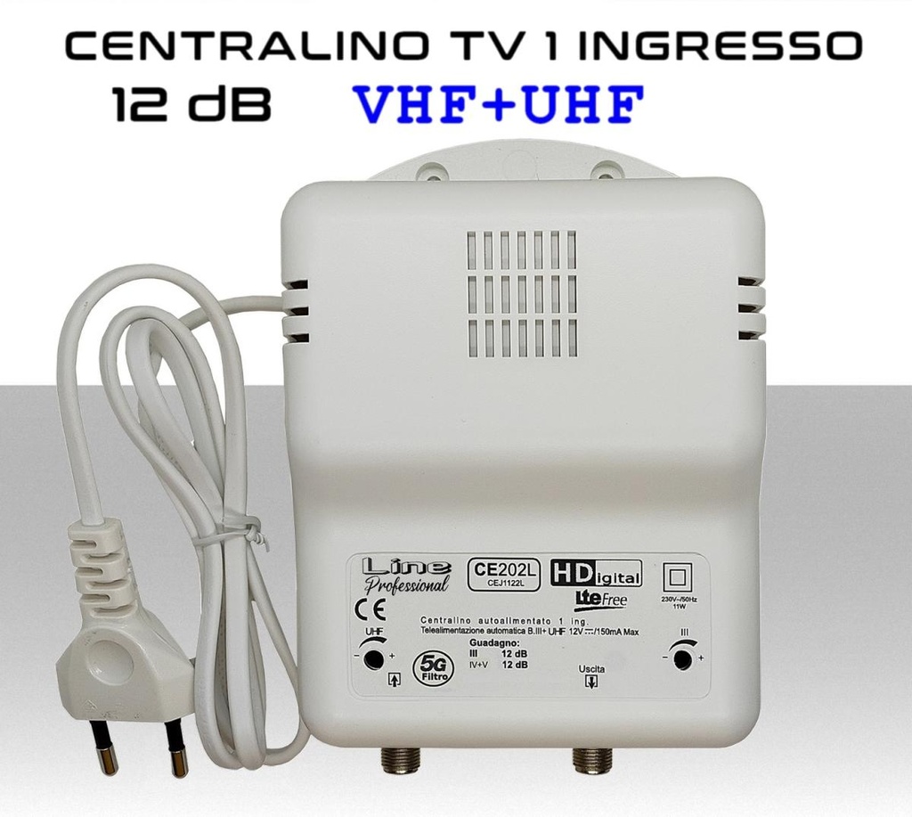 Centralino TV autoalimentato 1 ingresso 21:48 12dB regolabile con alto livello d'uscita di 121dBuV@35dBc serie CE202L-5G