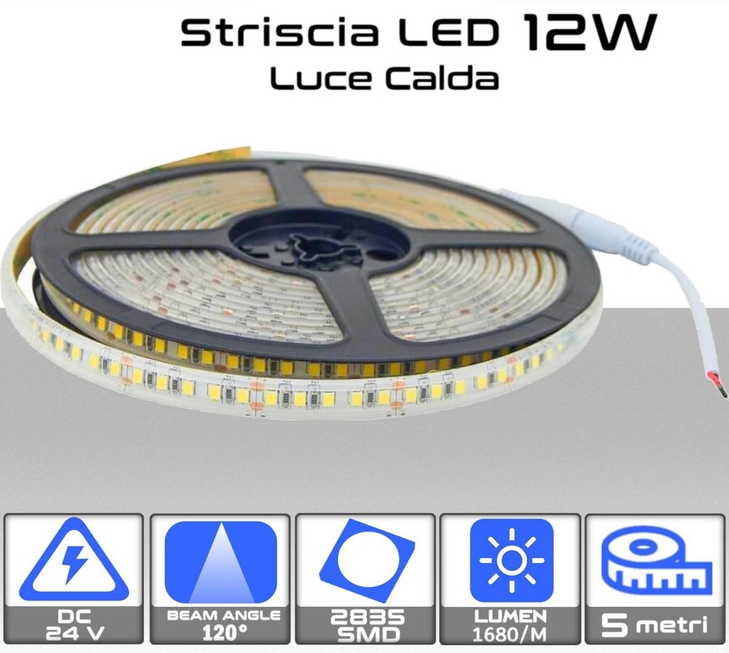 Strip LED SMD2835 12W/m 168 LED/m 140LM/W 24V 3000K IP20 10mm - Rolla da 5 metri - 1680 lumen/metro