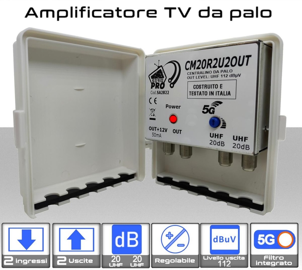 Amplificatore antenna TV 2 ingressi UHF 20dB regolabile 2 OUT Serie PRO