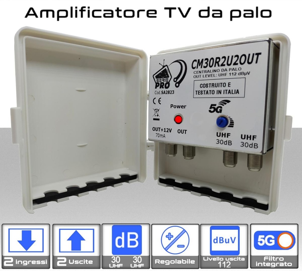 Amplificatore antenna TV 2 ingressi 21:48 / 21:48 30dB regolabile 2 OUT Serie PRO