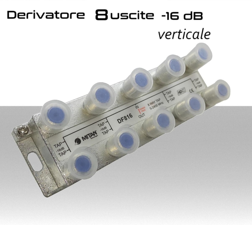 Derivatore antenna 8 uscite verticale attenuazione -16dB con 1 via passante DC schermato con connettore F per banda TV e Satellite mitan DF816