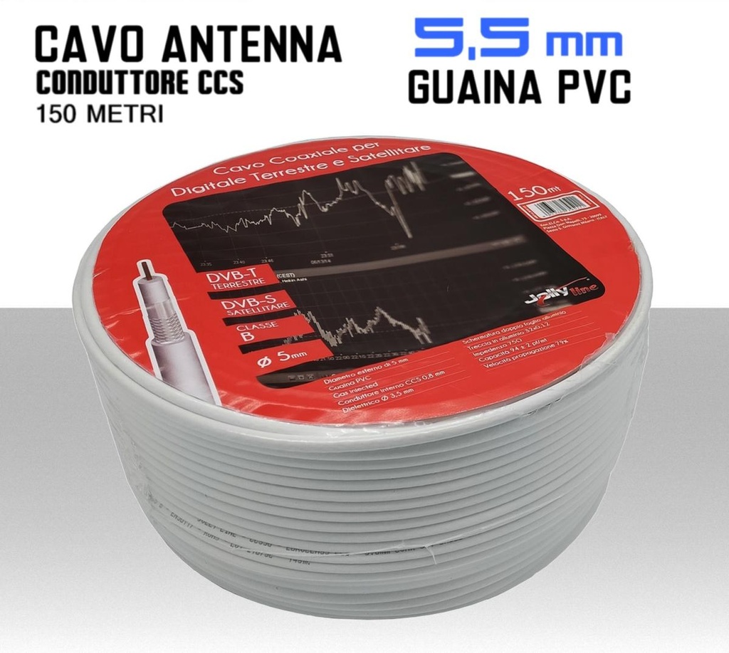 Cavo antenna TV 5 mm in bobina 150 metri CCS e PVC bianco JOLLY LINE CXCCS5-150