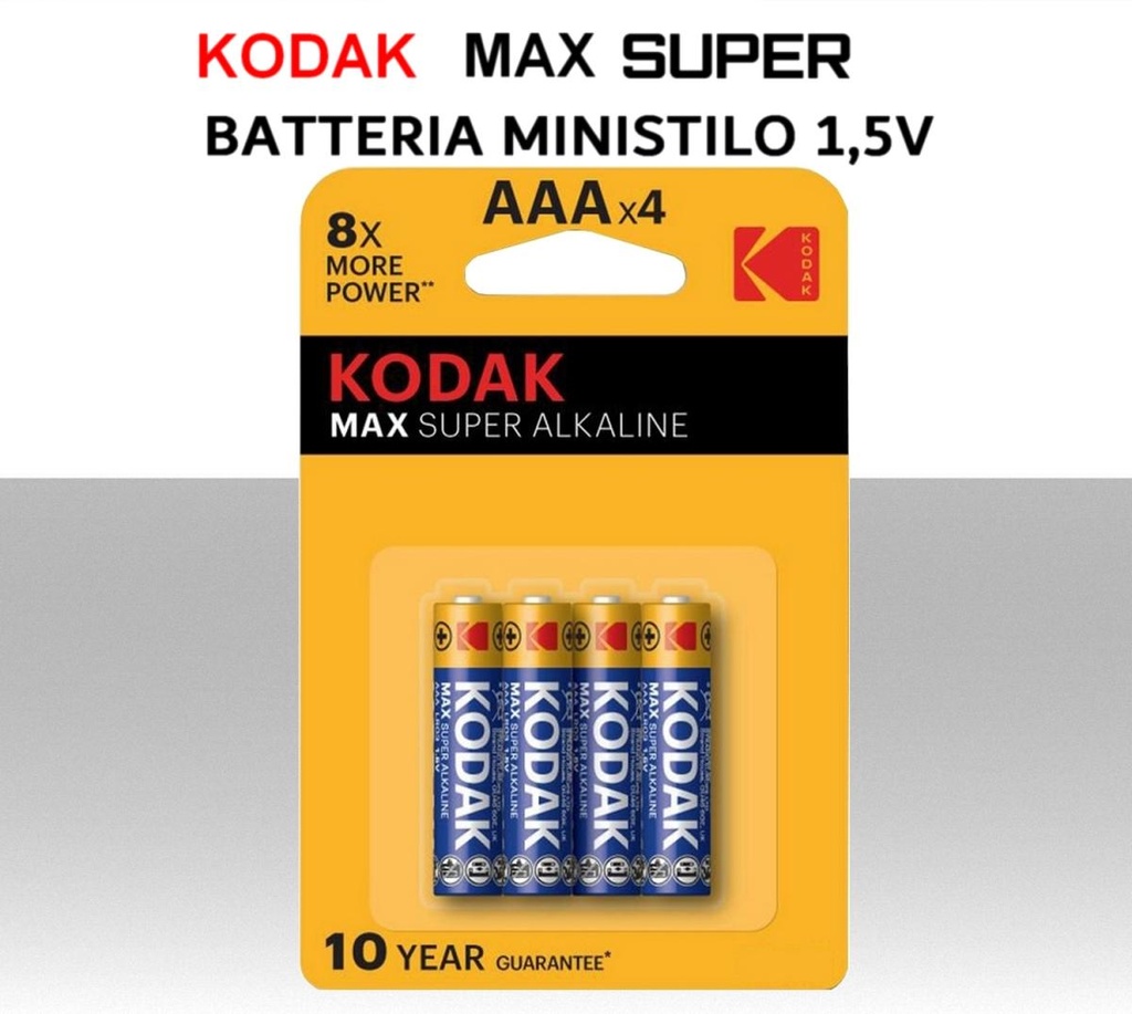 Batterie ministilo alcaline KODAK MAX SUPER ALKALINE AAA 1,5V Confezione 4pz.