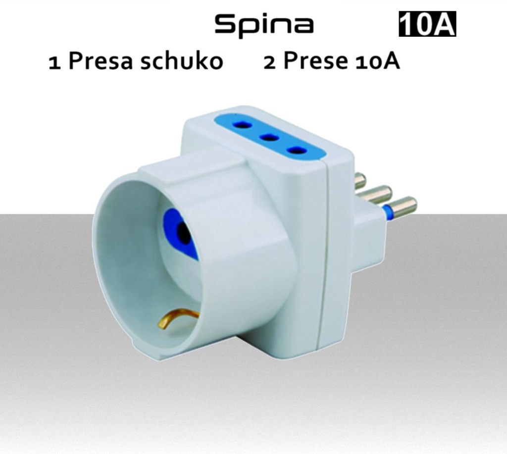 Adattatore triplo con spina elettrica piccola 3 posti  2 prese 10A con schuko Bianco