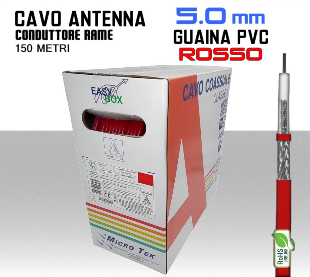 Cavo coassiale per antenna TV 5 mm guaina rossa bobina 150 metri Rame e PVC Micro TEK