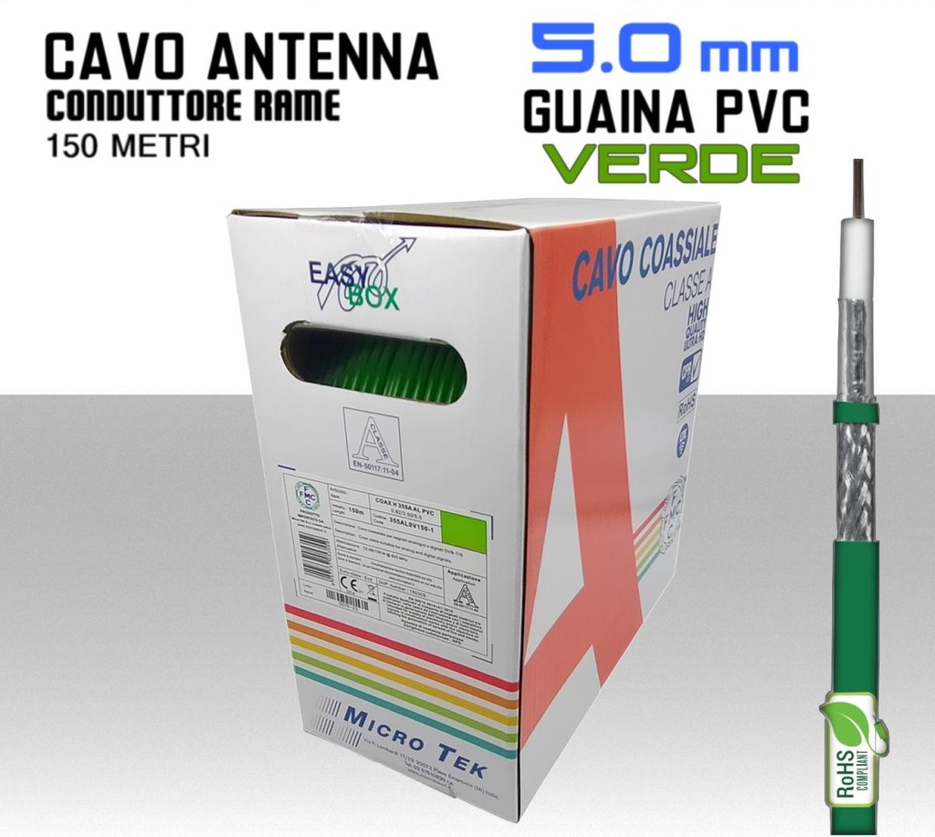 Cavo coassiale per antenna TV 5 mm guaina verde bobina 150 metri Rame e PVC Micro TEK