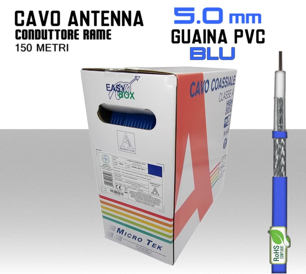 Cavo coassiale per antenna TV 5 mm guaina blu bobina 150 metri Rame e PVC Micro TEK