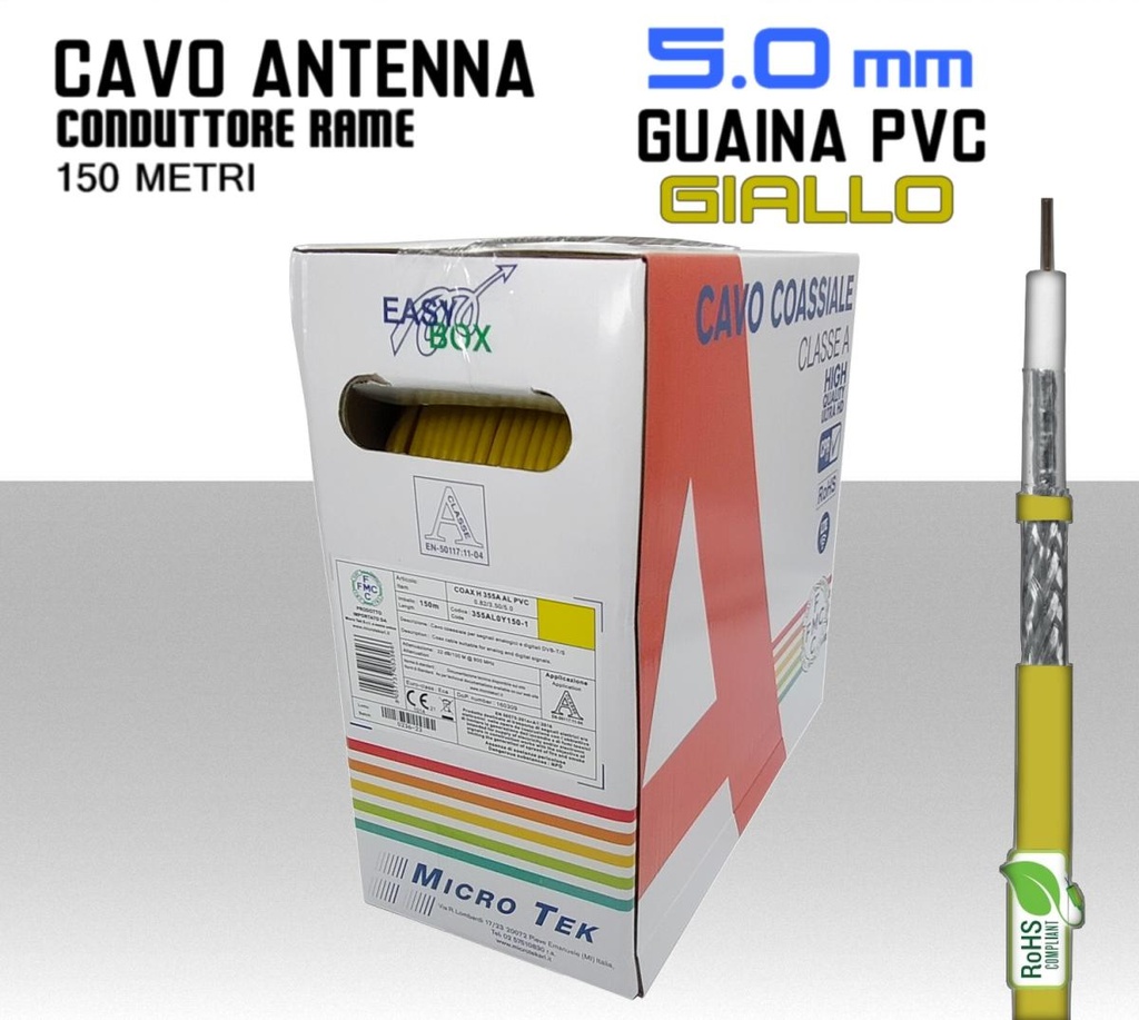 Cavo coassiale per antenna TV 5 mm guaina gialla bobina 150 metri Rame e PVC Micro TEK