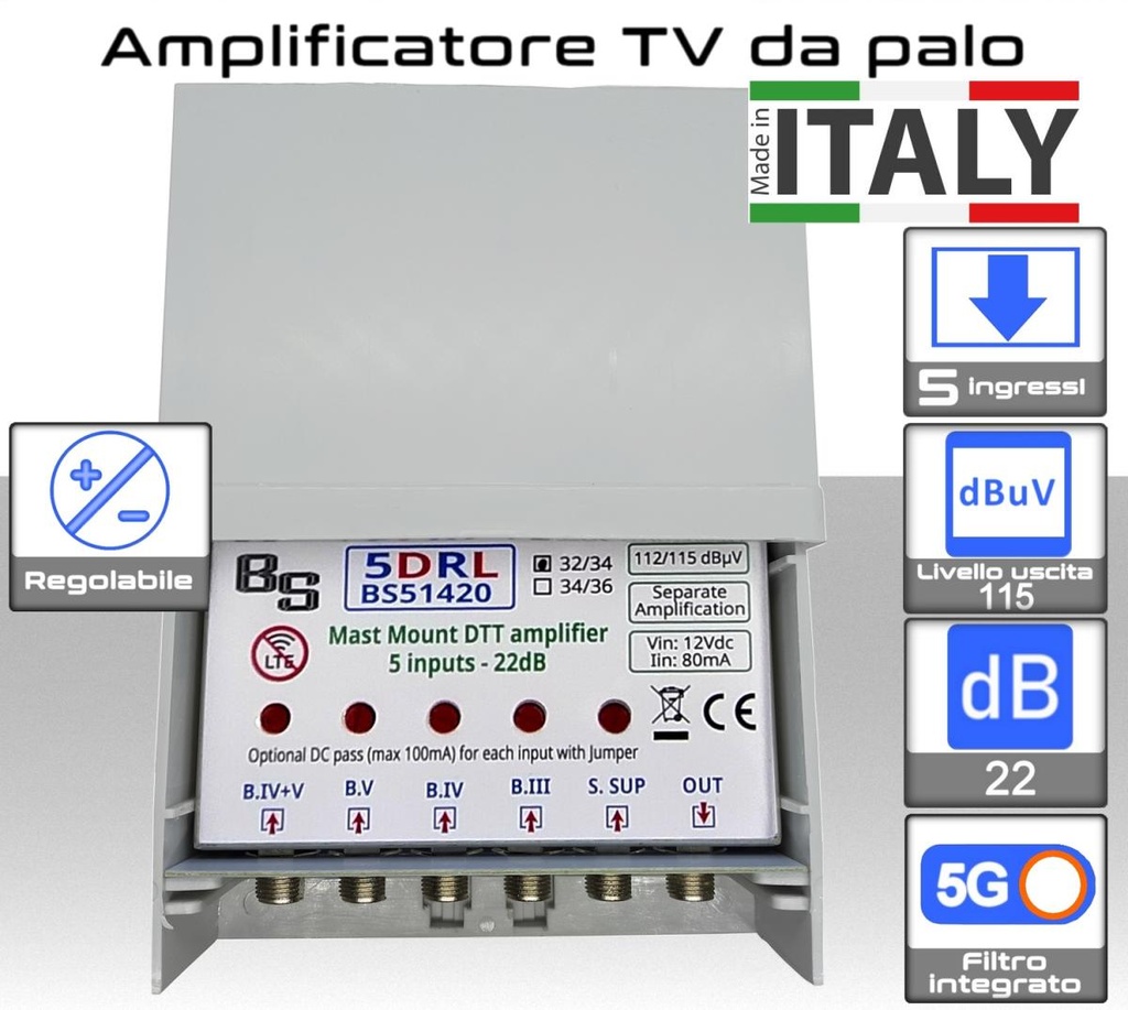 Amplificatore antenna TV 5 ingressi BIII - 21:32 - 34:48 - 21:48 22dB regolabile BS51420