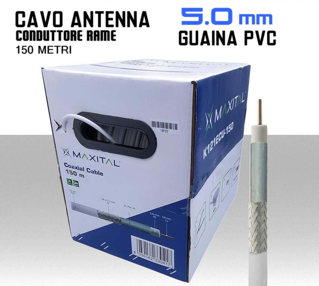 Cavo coassiale per coassiale antenna TV bianco 5 mm da 150 metri coax PVC svolgicavo interno conduttore in rame rosso