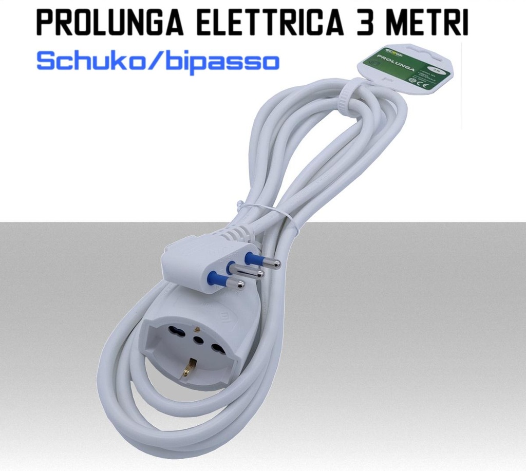 Prolunga elettrica 3 metri  Schuko e Bivalente 10/16A Bianca 