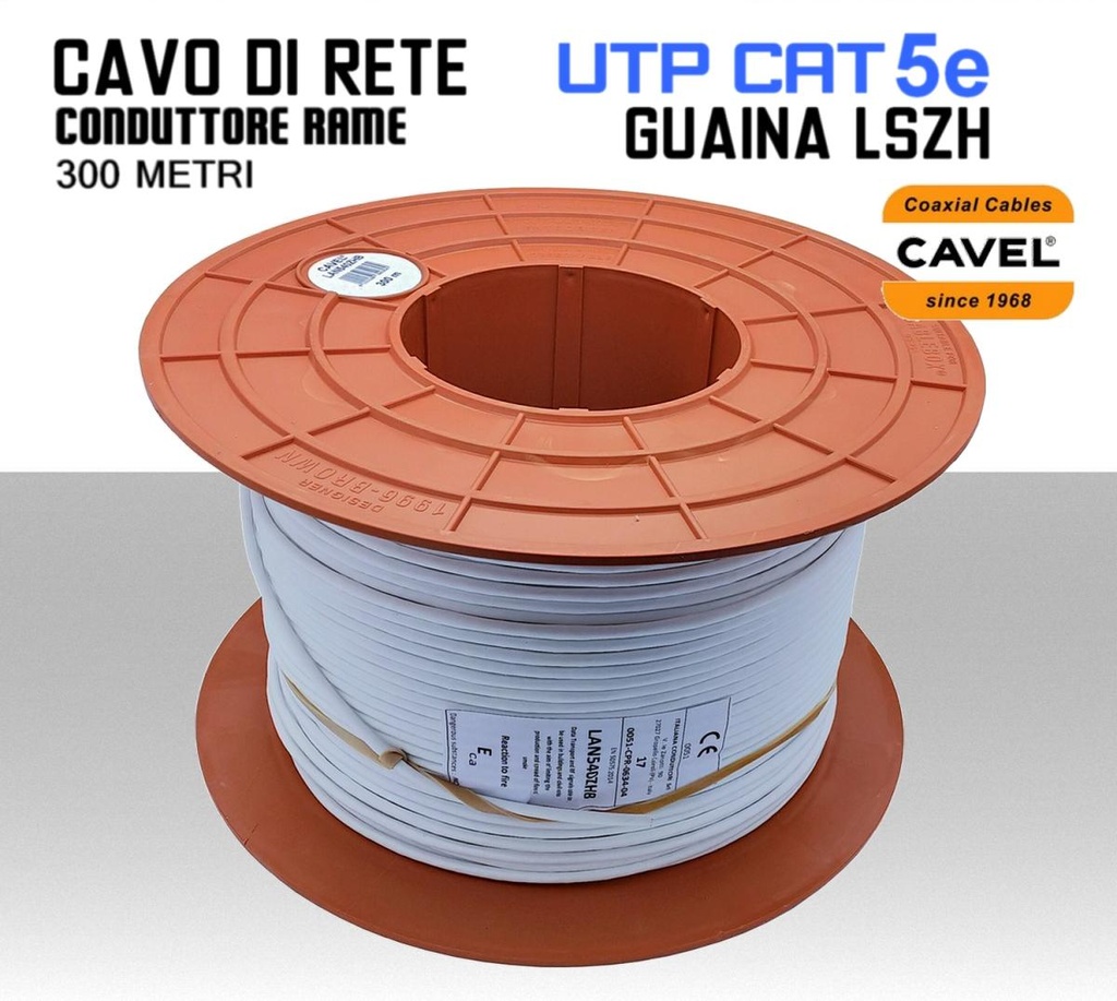 Cavo Ethernet LAN CAT.5e UTP conduttore in RAME guaina LSZH bianca matassa 300 metri Cavel