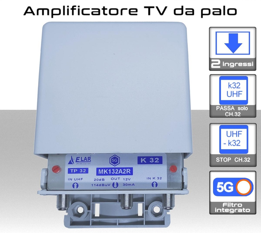 Amplificatore antenna TV 2 ingressi 21:48 / 21:48 20dB regolabile blocca passa canale 32 Elar MK132A2R