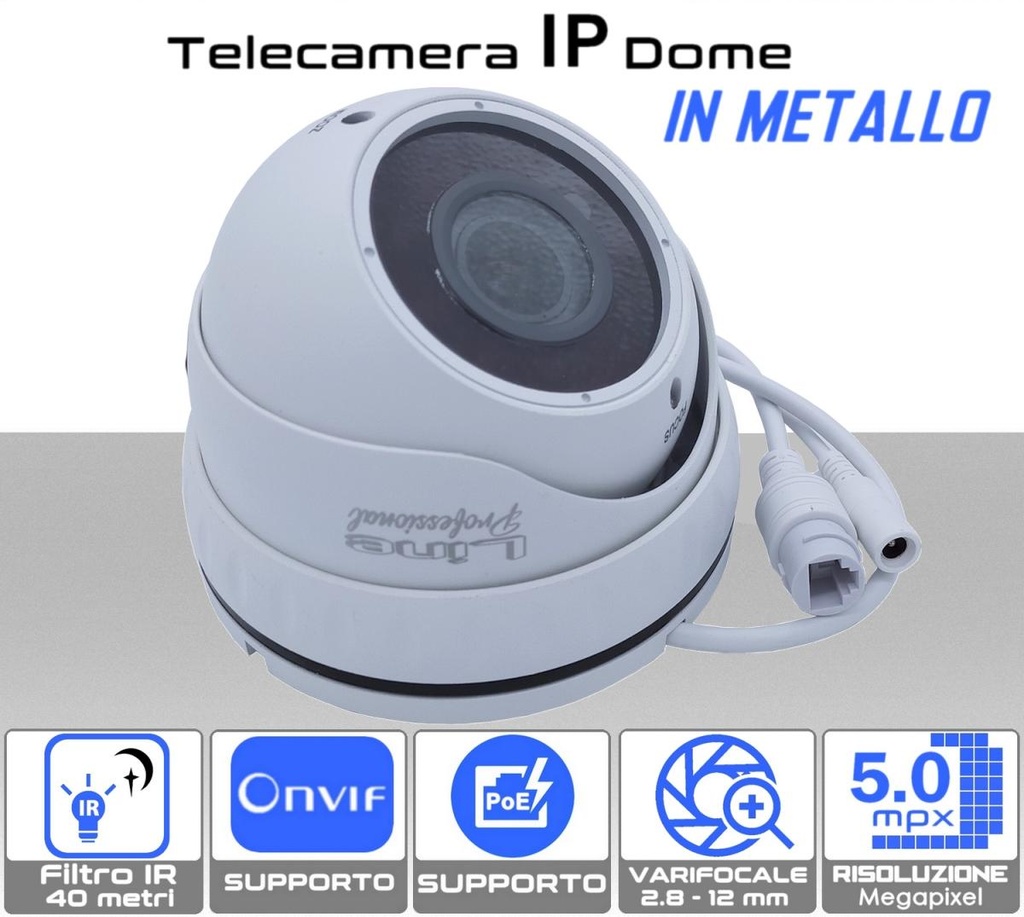 Telecamera IP Dome Onvif 5MP varifocal 2.8...12mm con CCD Sony Starvis SONY335 + GK7205V300 - In metallo