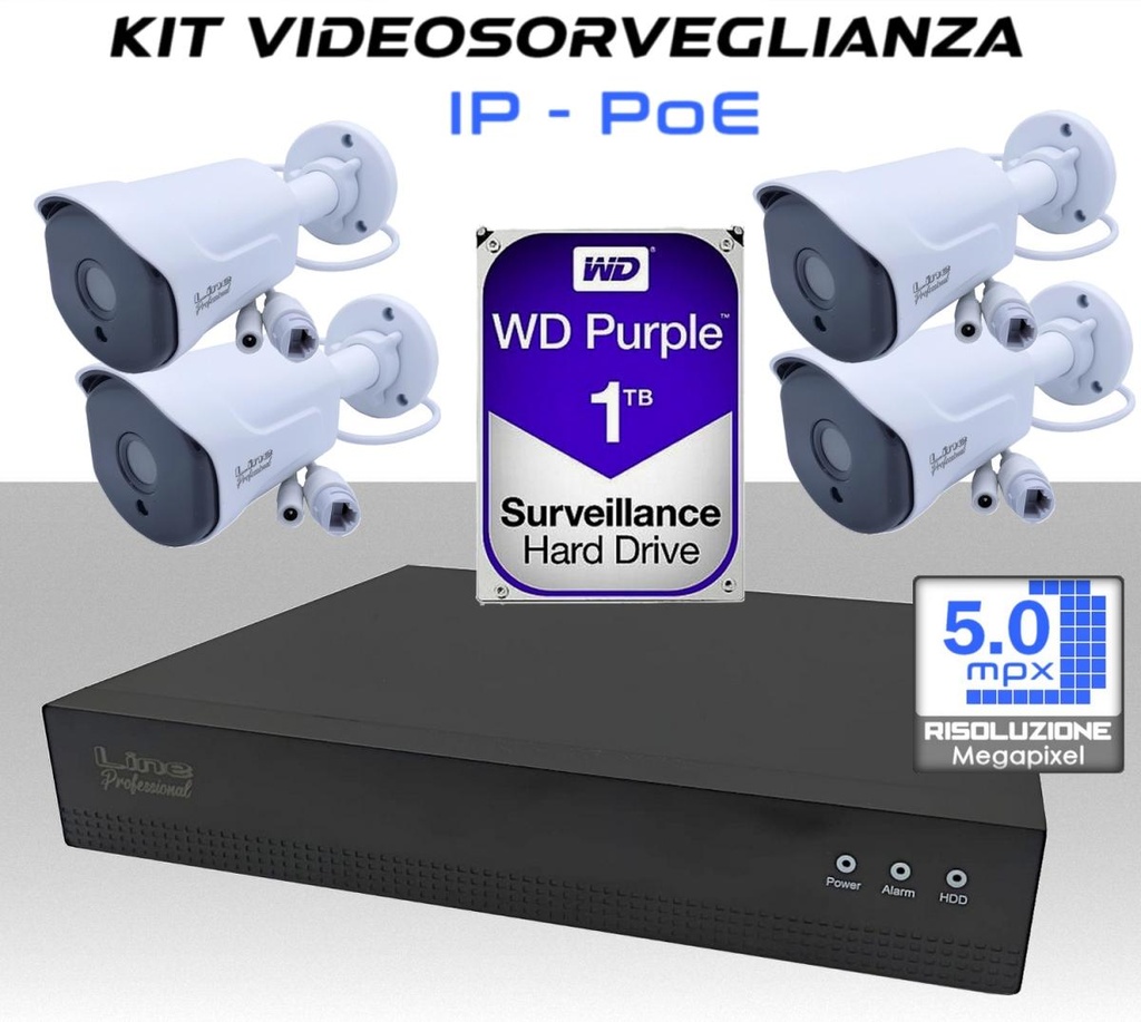 KIT Videosorveglianza IP Poe 4 telecamere bullet 5MP Starvis 