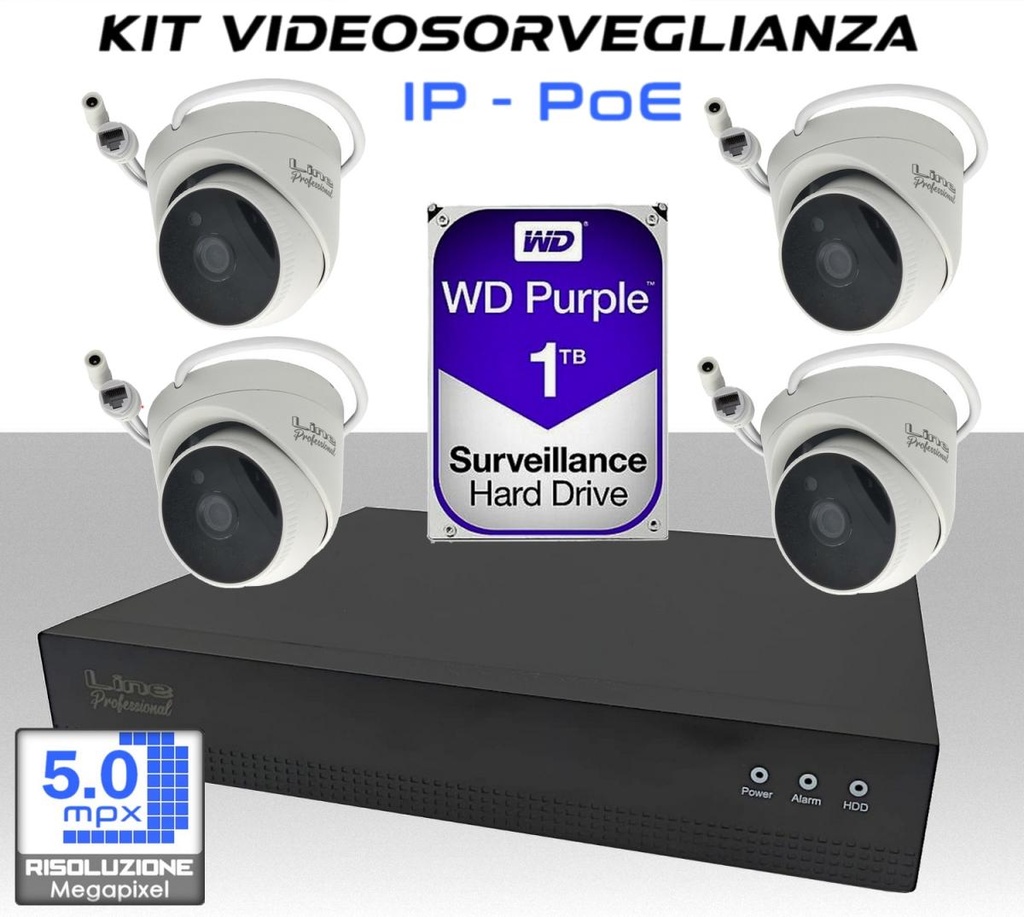 KIT Videosorveglianza IP Poe 4 telecamere dome 5MP Starvis