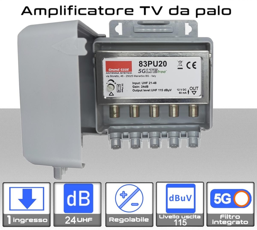 Amplificatore antenna TV 1 ingresso UHF 24dB regolabile Emme Esse 83PU20