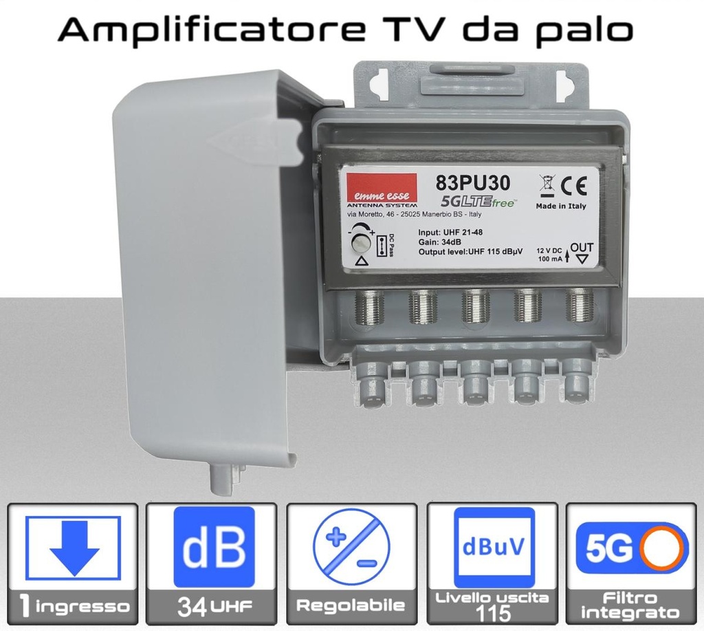 Amplificatore antenna TV 1 ingresso UHF 34dB regolabile Emme Esse 83PU30