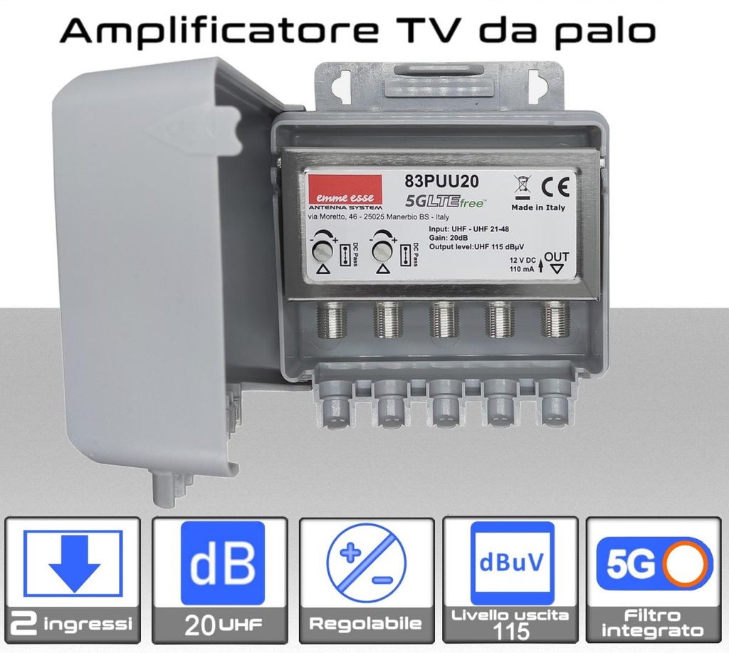 Amplificatore antenna TV 2 ingressi 21:48 / 21:48 20dB regolabile Emme Esse 83PUU20