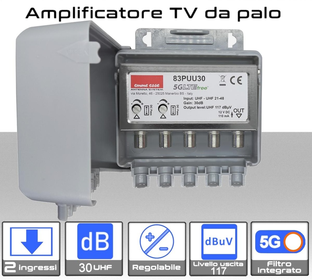 Amplificatore antenna TV 2 ingressi 21:48 / 21:48 30dB regolabile Emme Esse 83PUU30