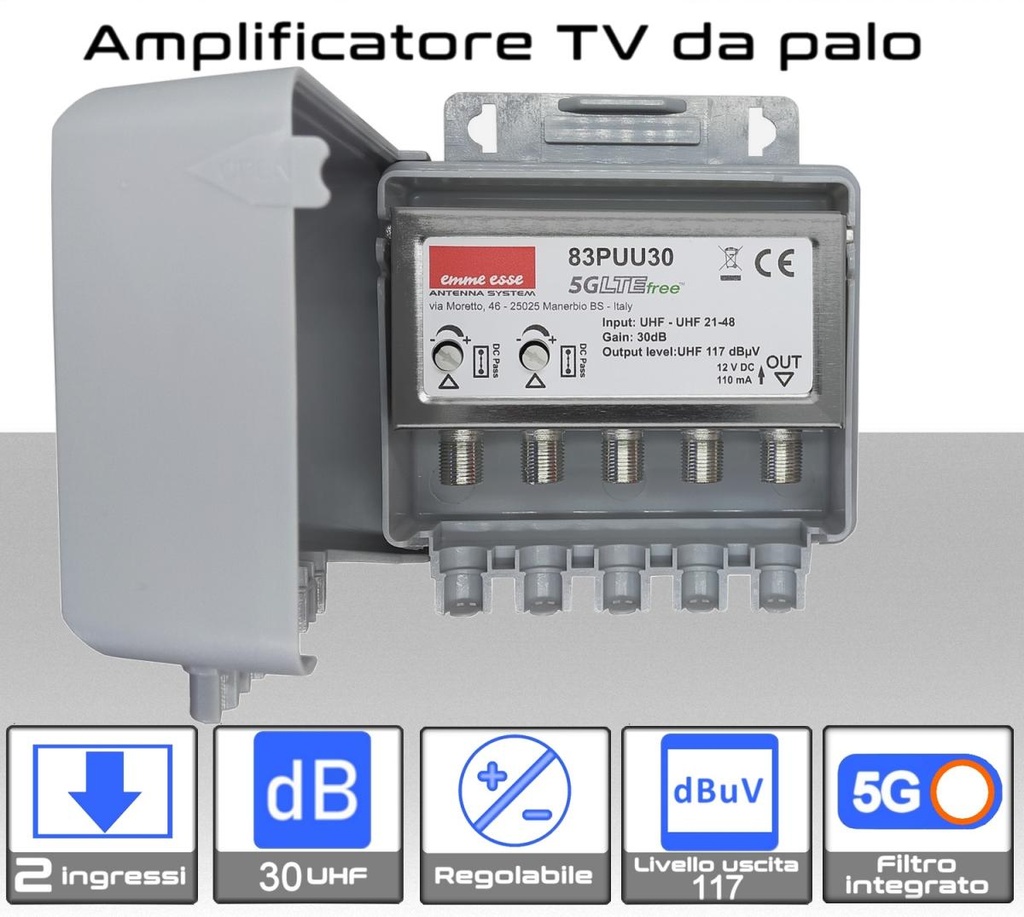 Amplificatore antenna TV 2 ingressi UHF 30dB regolabile Emme Esse 83PUU30