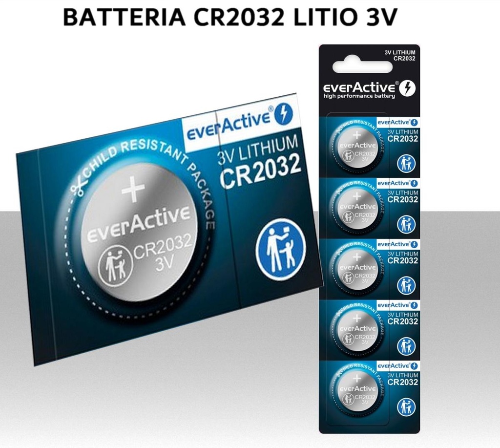 Batteria CR2032 al litio 3V 230mAh Confezione 5 pezzi   