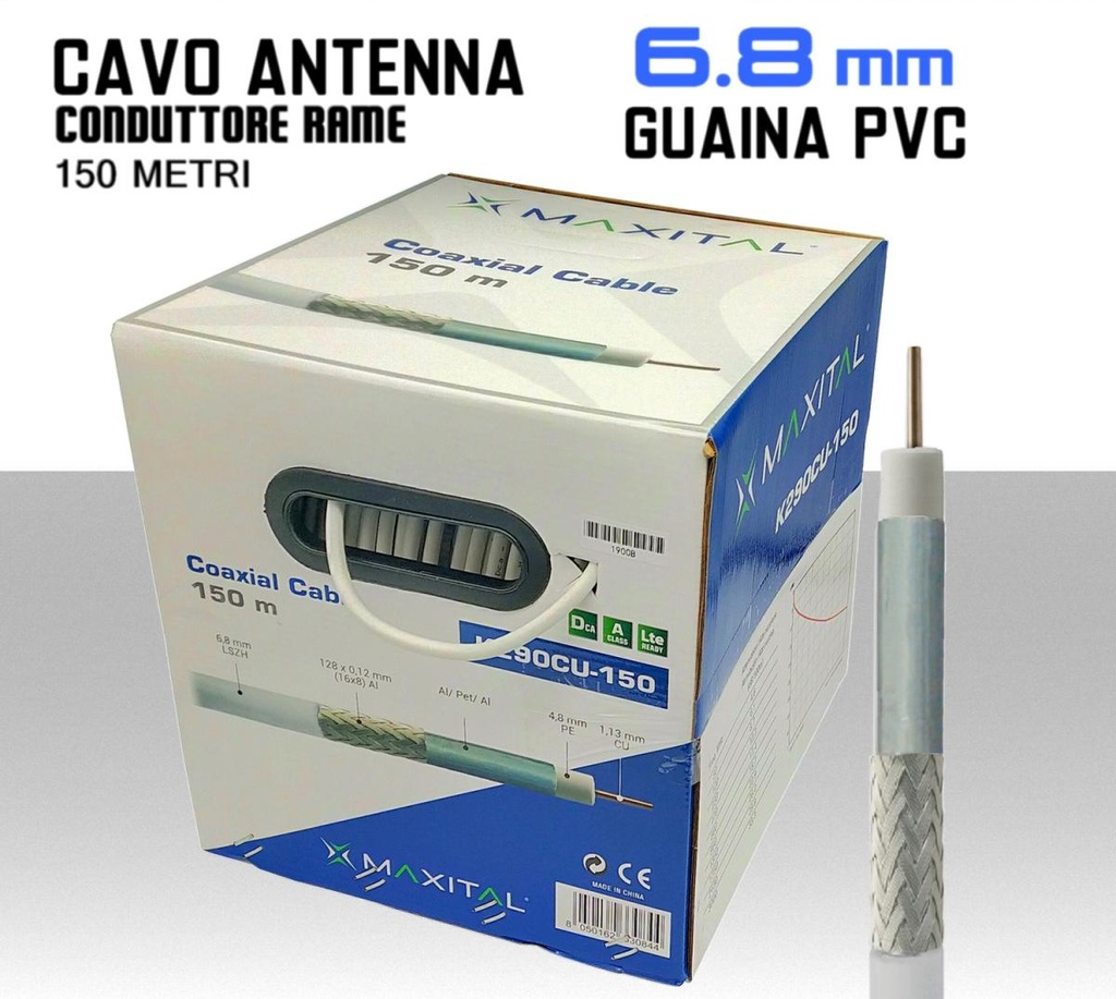 Cavo coassiale antenna TV bianco 6,8 mm da 150 metri coax PVC svolgicavo interno conduttore in rame rosso