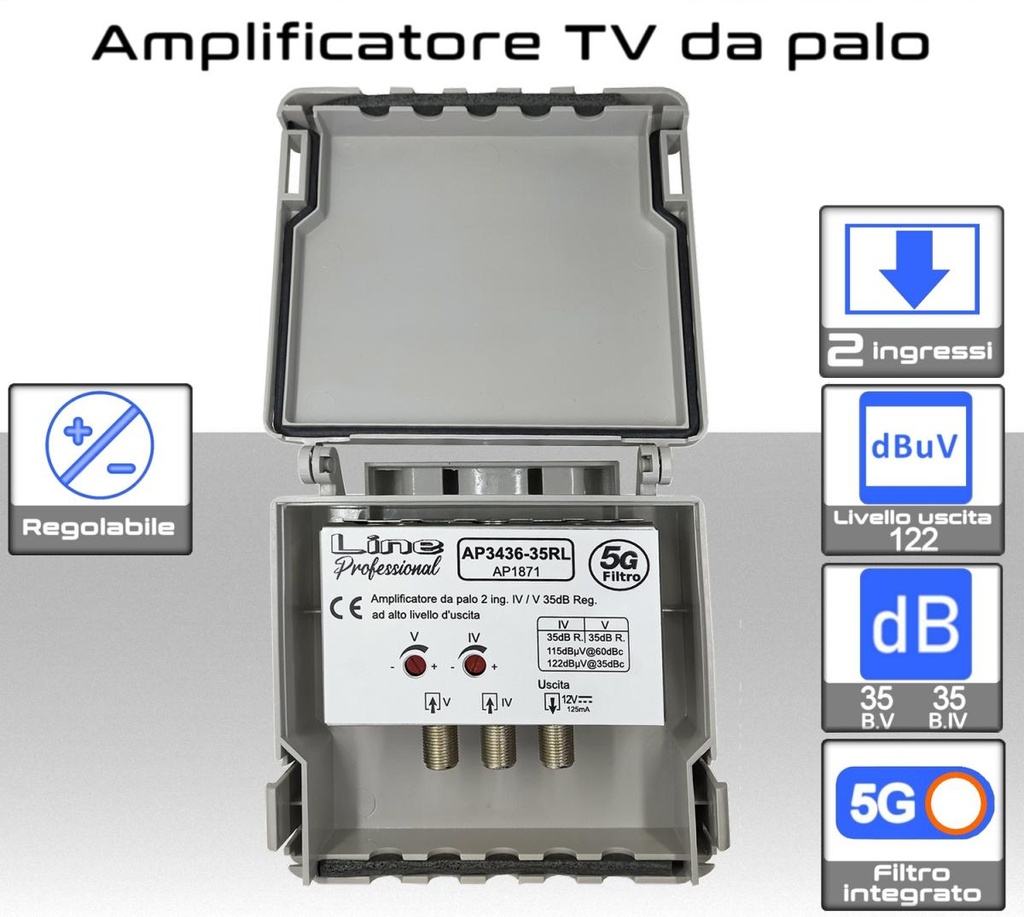 Amplificatore antenna TV 2 ingressi 21:34 / 36:48 35dB regolabile con filtro LTE 4G + 5G - AP3436-35RL