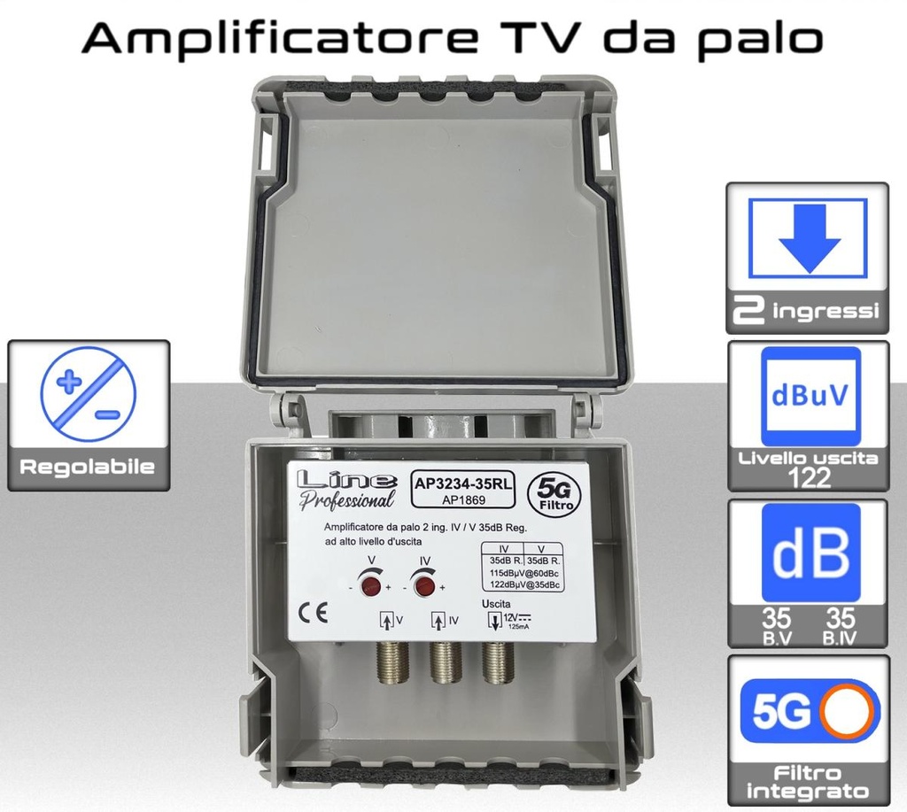 Amplificatore antenna TV 2 ingressi 21:32 / 34:48 35dB regolabile con filtro LTE 4G+5G - AP3234-35RL