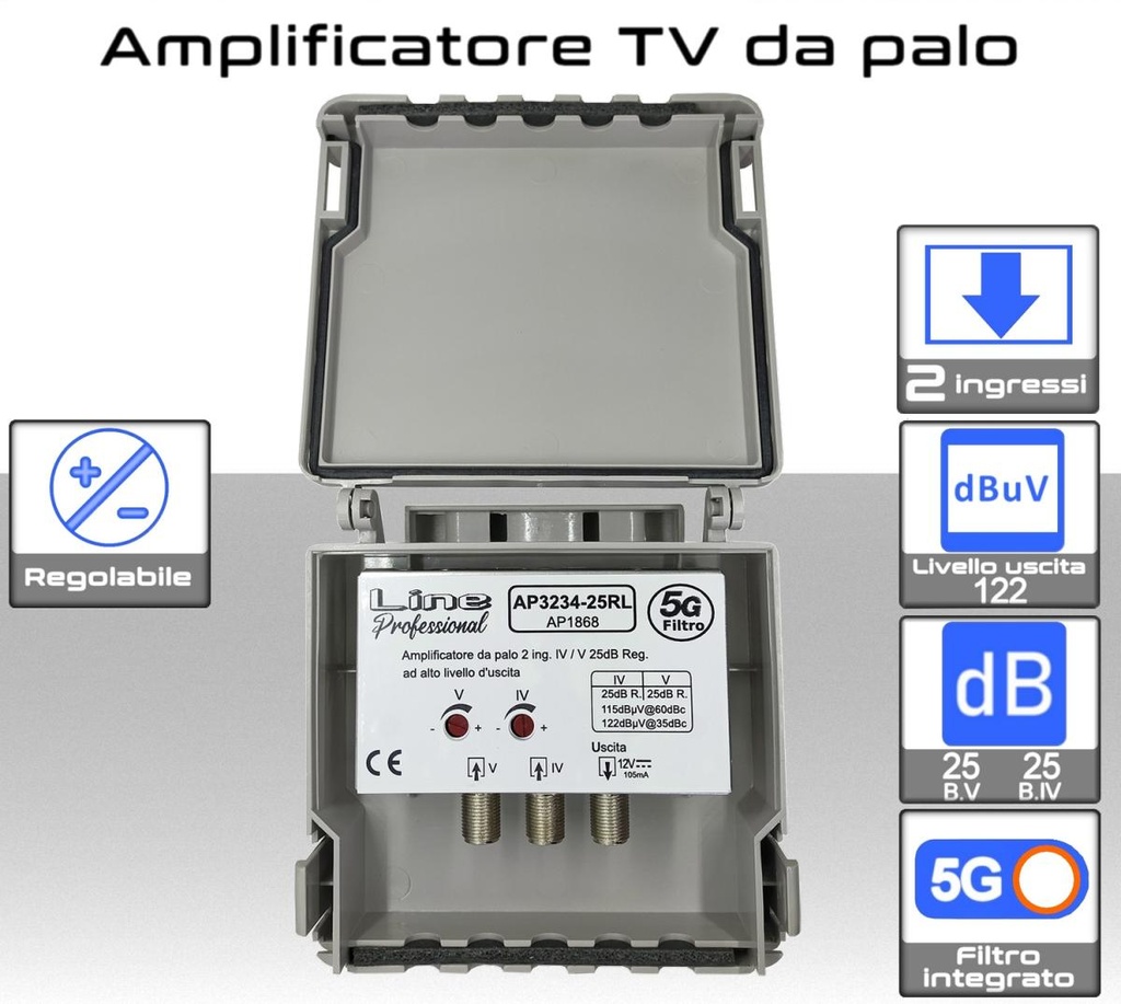 Amplificatore antenna TV 2 ingressi 21:32 / 34:48 25dB regolabile con filtro LTE 4G + 5G - AP3234-25RL