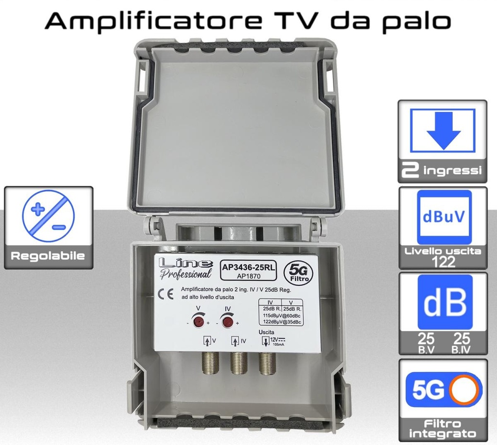 Amplificatore antenna TV 2 ingressi 21:34 / 36:48 25dB regolabile con filtro LTE 4G + 5G - AP3436-25RL