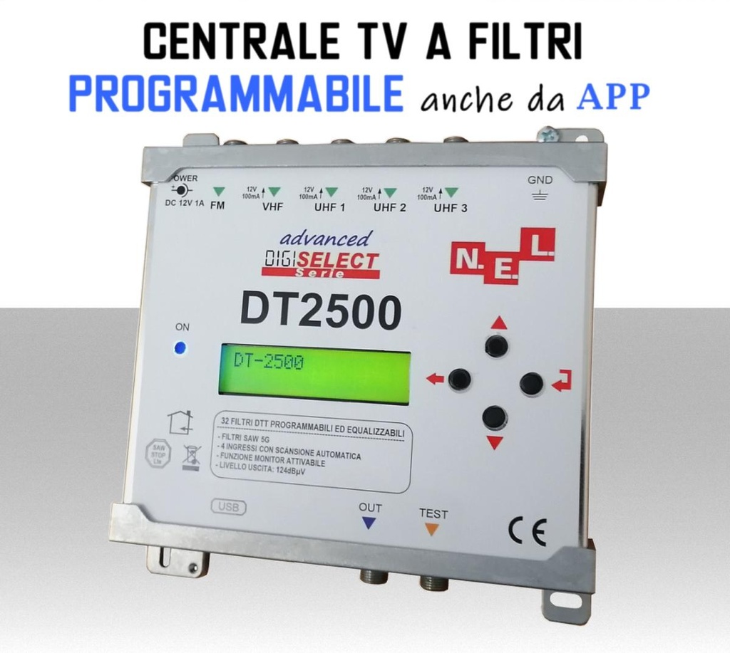 Centrale TV programmabile 5 ingressi FM/VHF/UHF Filtri digitali N.E.L. DT2500