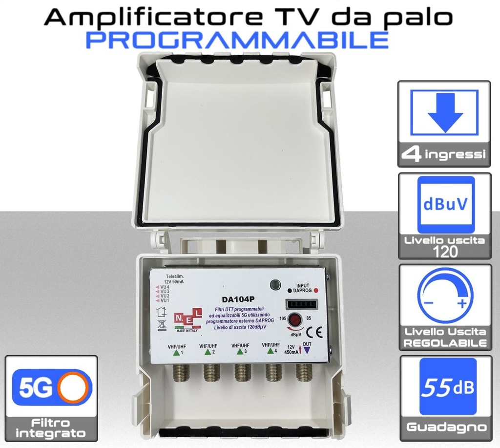 Centralino TV da palo programmabile 4 ingressi 55dB con AGC modello N.E.L. DA104P