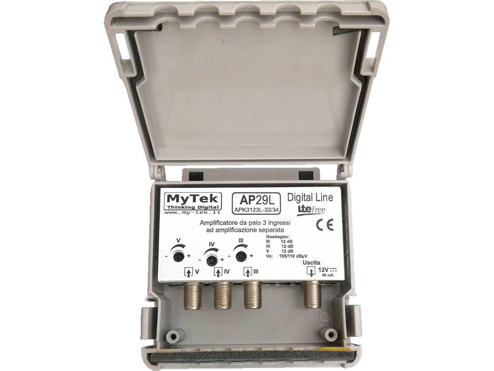 Amplificatore da palo 3 ing III  -  21:32  -  34:48 12dB 3 Regolazioni 105/110dBuV con filtro LTE 4G+5G