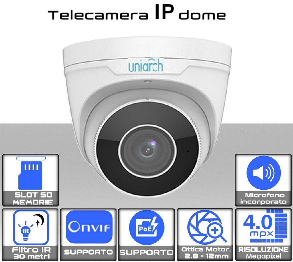 Telecamera IP ottica Motorizzata 2.8- 12mm Dome 4 megapixel da esterno PoE con microfono incorporato Uniarch 