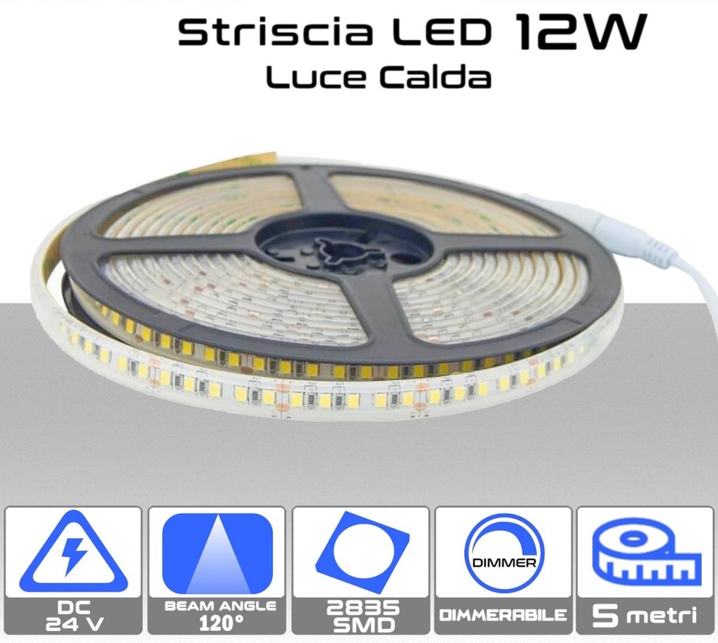 Strip LED 12W Luce calda 3000K da 5 metri 24V dimmerabile IP20 - 1100 lumen/metro