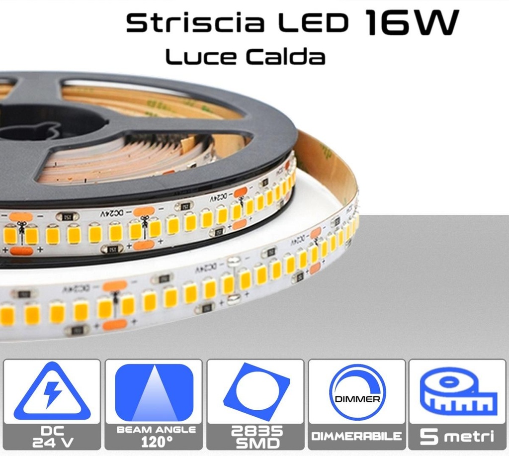 Strip LED 16W Luce calda 3000K da 5 metri 24V dimmerabile IP20 - 1800 lumen/metro