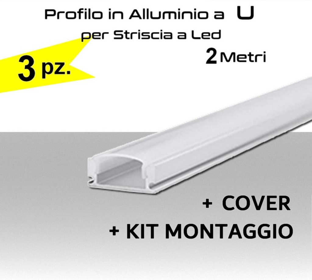 Profilo a U in Alluminio da 2 metri per strisce a Led completo di cover e kit fissaggio PACK 3pz.