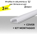 Profilo a U in Alluminio da 2 metri per strisce a Led completo di cover e kit fissaggio PACK 3pz.