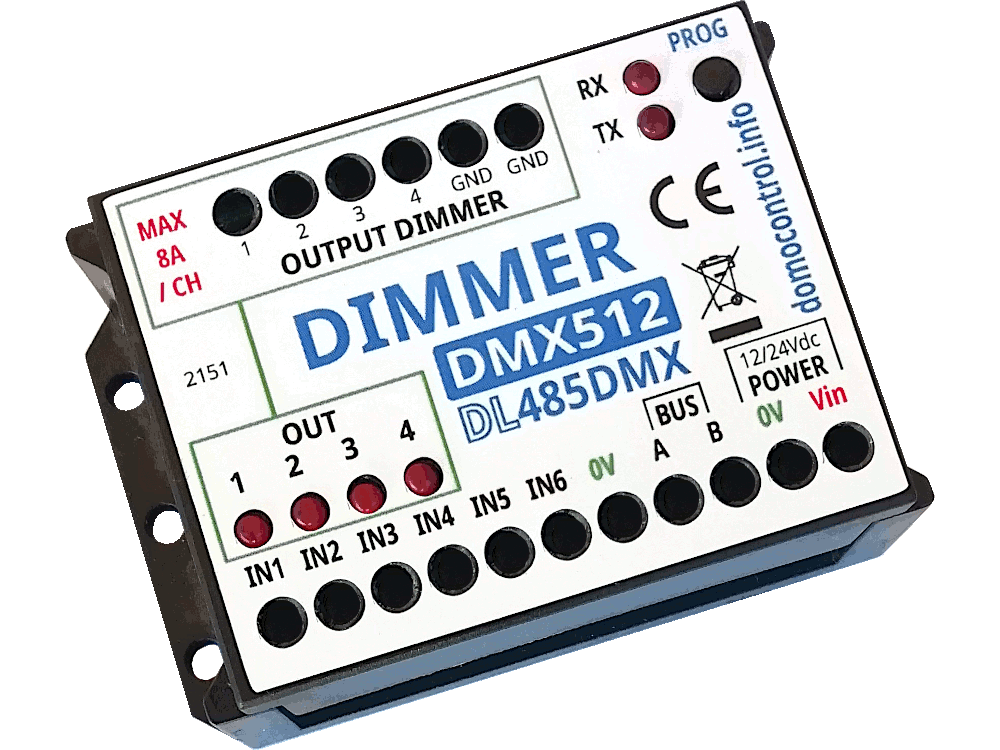 DL485DMX - Dimmer DMX512 a 4 canali per LED 12V / 24V - Corrente max 8A/CH max 20A - Compatibile DMX512