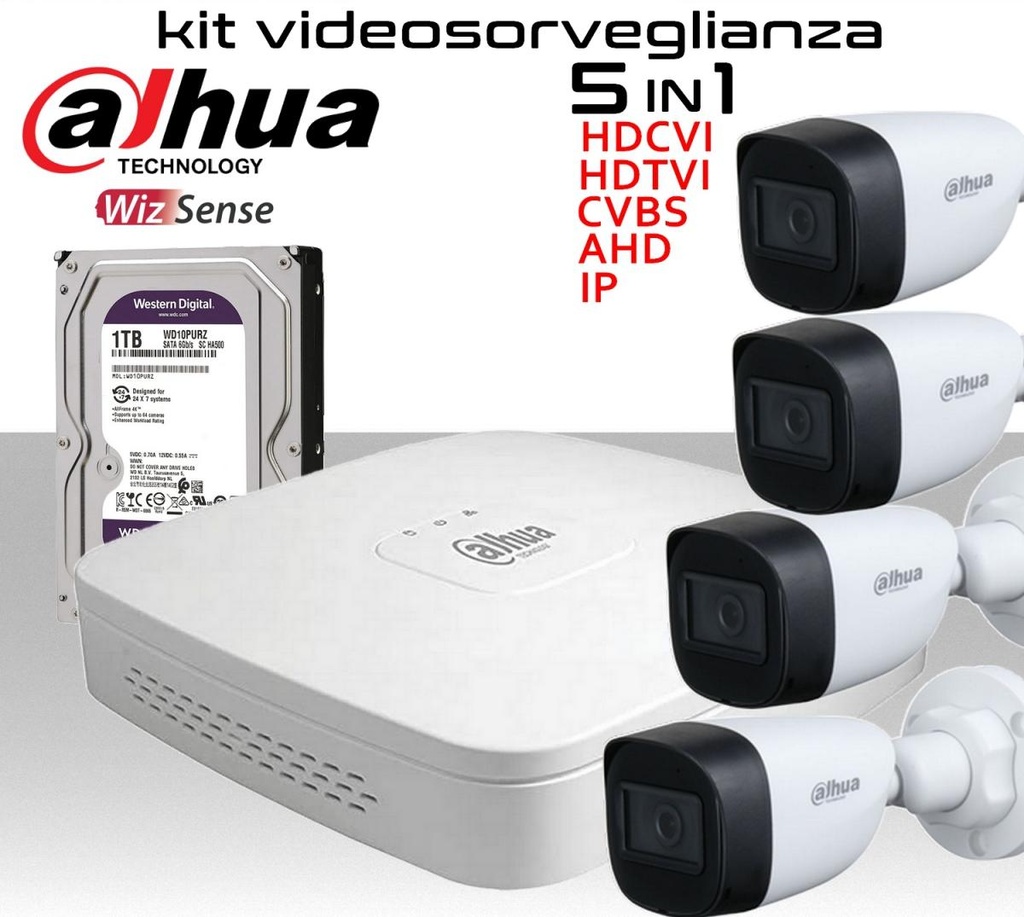 Videosorveglianza KIT DAHUA con XVR ibrido con Hard Disk e 4 Telecamere 5.0 mpx e accessori