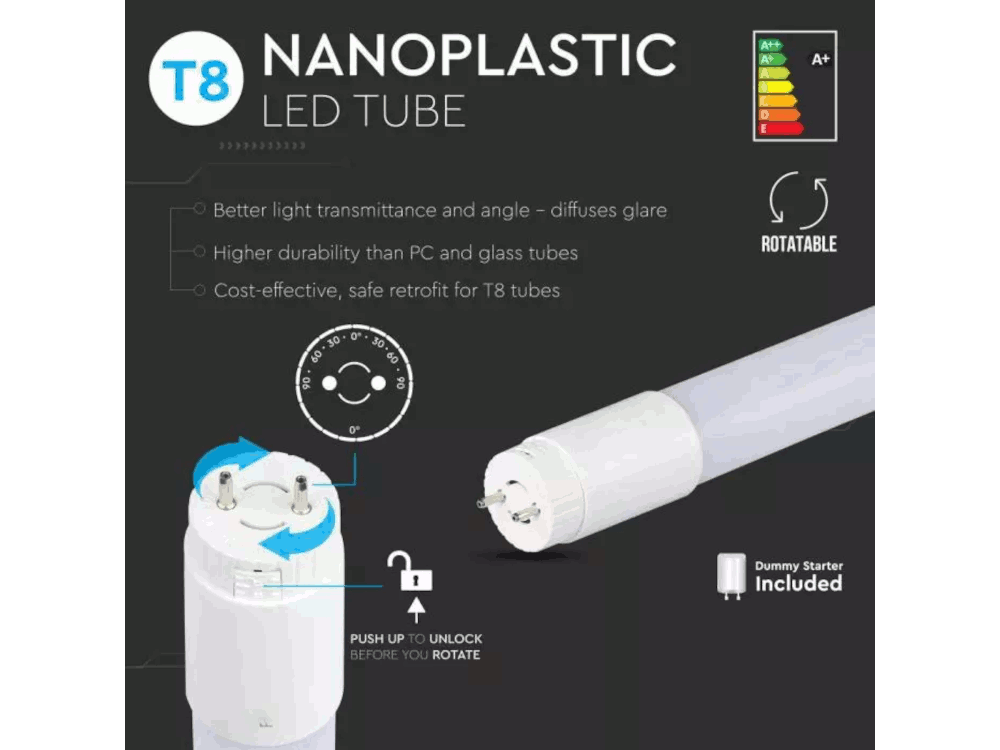 Tubo LED 60cm Luce calda 3000K T8 10W A++ G13  in Nanoplastica 1200 lumen