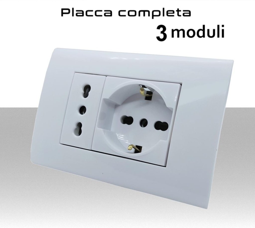 Placca completa 3 moduli, 1 presa bipasso bianca e 1 presa universale bianca.