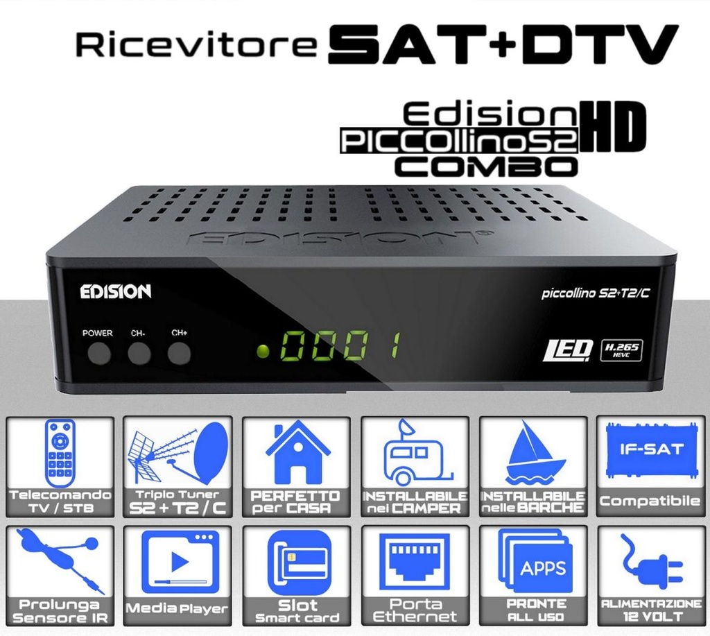 Decoder Edision Piccollino COMBO SAT- Terrestre in FULL HD 12 Volt Funzioni USB slot smart card