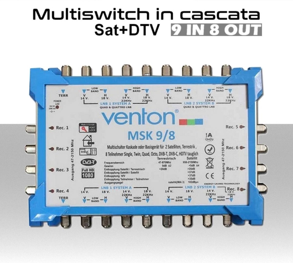 Multiswitch 9/8 in cascata centralino a due satelliti con terrestre per 8 utenze indipendenti serie Venton MSK