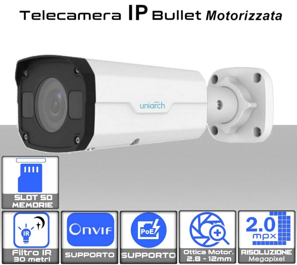 Telecamera IP ottica Motorizzata 2.8- 12mm  bullet 2 megapixel da esterno PoE Uniarch