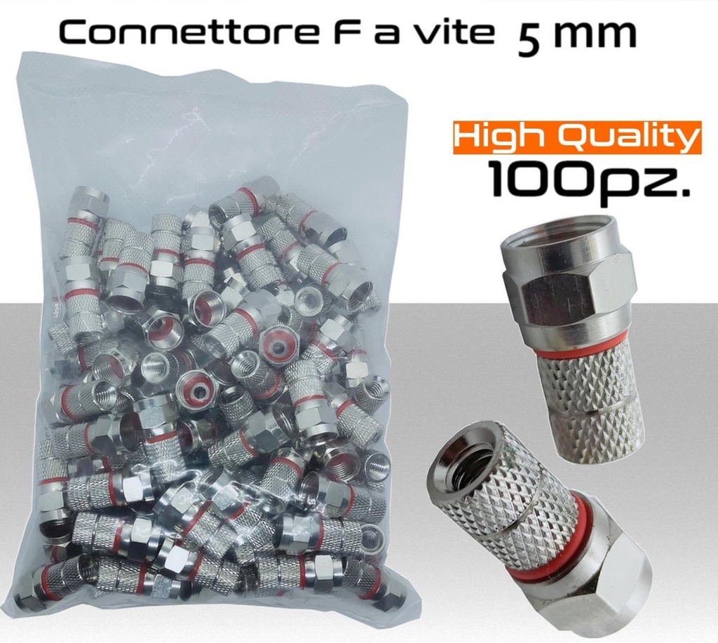 Connettore F per cavo antenna TV da 5 mm a vite con O-Ring Busta PACK 100pz.