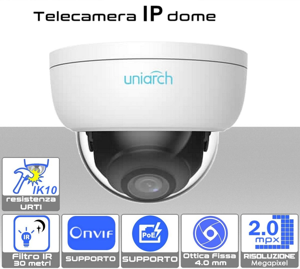 Telecamera IP mini dome 2 megapixel da esterno PoE con ottica fissa da 4.0 mm antivandalo IK10 Uniarch