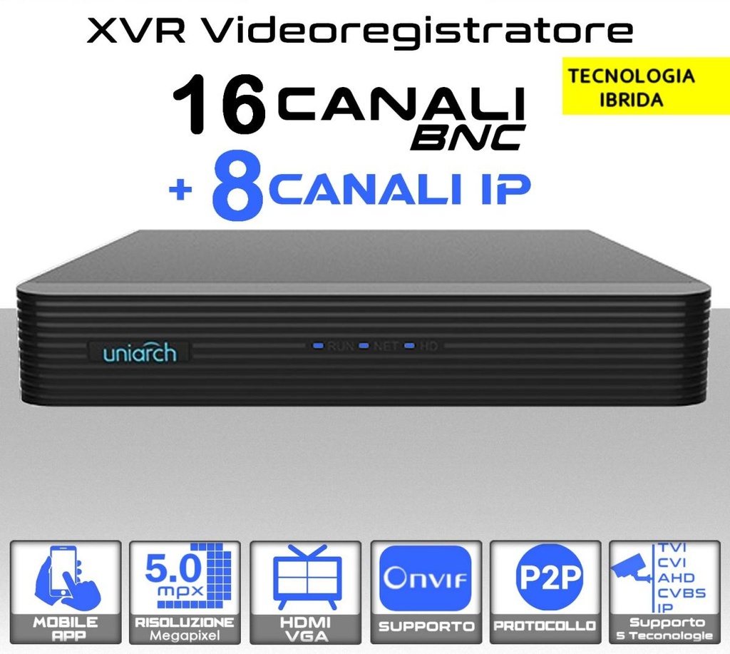 DVR videosorveglianza 16 canali 5 MPX e 8 IP Ibrido