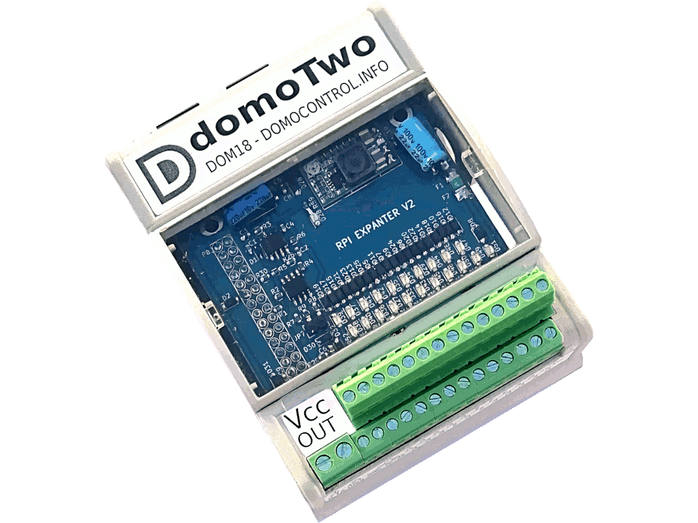 Sistema Domotico DOMO-TWO.  UART, I2C, OneWire, 18 IN/OUT, DC OUT su scatola DIN 4 moduli con Raspberry PI3